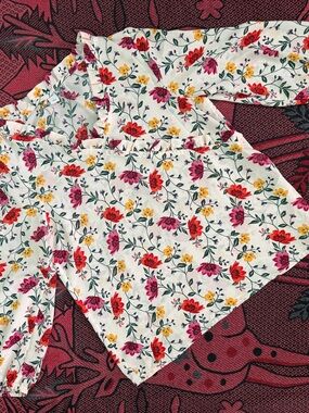 Old Navy Floral Ruffle Blouse in White with Pink, Yellow & Green